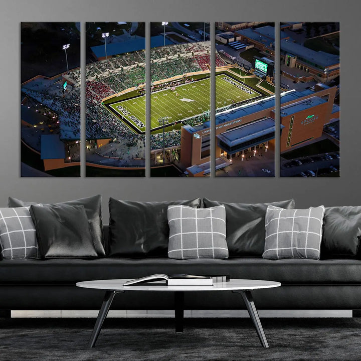 Aerial view of the University of North Texas Mean Green Football Team's DATCU Stadium at night, with packed stands, displayed on a premium canvas print as wall art.