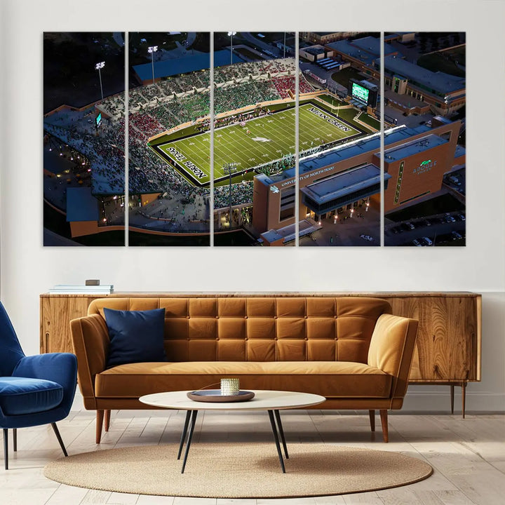 Aerial view of the University of North Texas Mean Green Football Team's DATCU Stadium at night, with packed stands, displayed on a premium canvas print as wall art.