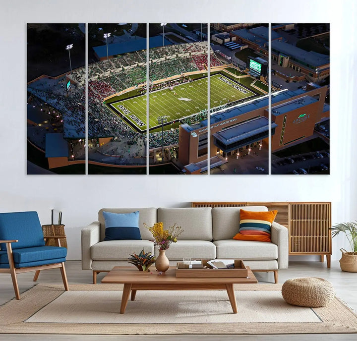 Aerial view of the University of North Texas Mean Green Football Team's DATCU Stadium at night, with packed stands, displayed on a premium canvas print as wall art.