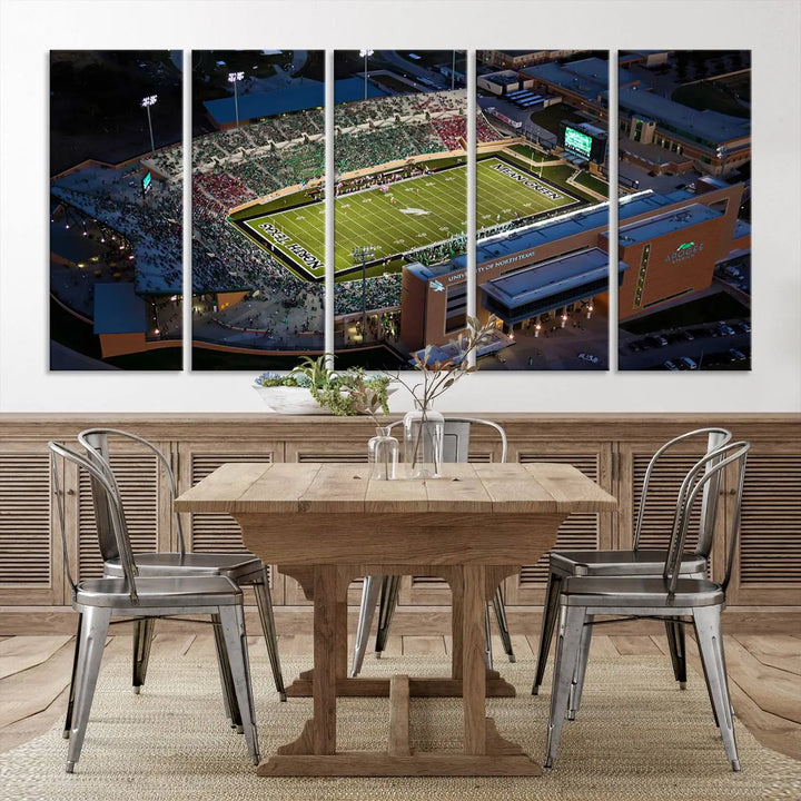 Aerial view of the University of North Texas Mean Green Football Team's DATCU Stadium at night, with packed stands, displayed on a premium canvas print as wall art.