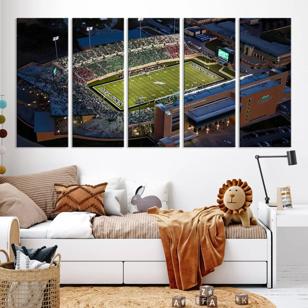 Aerial view of the University of North Texas Mean Green Football Team's DATCU Stadium at night, with packed stands, displayed on a premium canvas print as wall art.