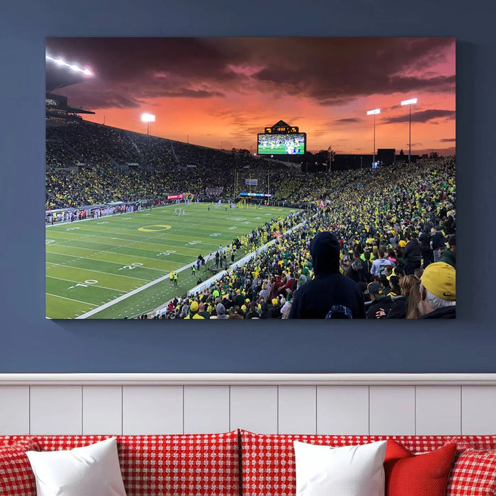 A premium canvas featuring the University of Oregon Ducks football team at Eugene's Autzen Stadium at sunset adorns the wall. Handmade in the USA, this elegant piece captures the vibrant energy of the scene.