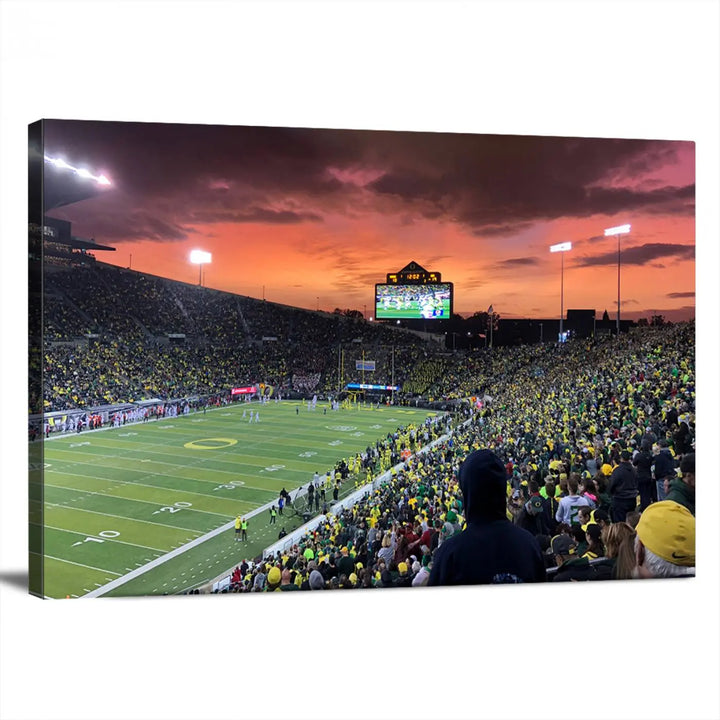 A premium canvas featuring the University of Oregon Ducks football team at Eugene's Autzen Stadium at sunset adorns the wall. Handmade in the USA, this elegant piece captures the vibrant energy of the scene.