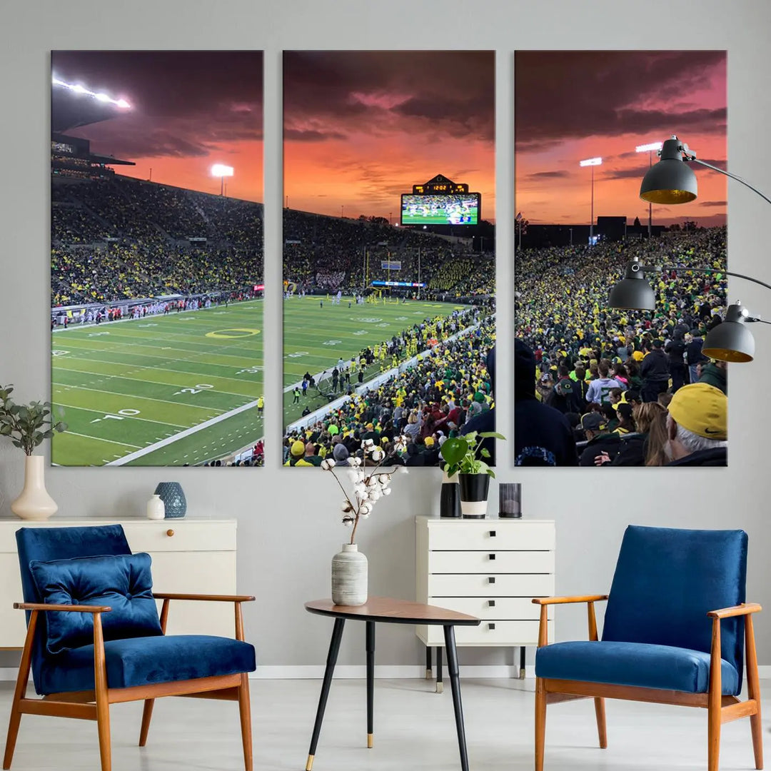 A premium canvas featuring the University of Oregon Ducks football team at Eugene's Autzen Stadium at sunset adorns the wall. Handmade in the USA, this elegant piece captures the vibrant energy of the scene.