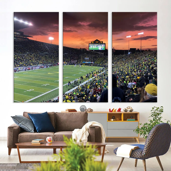 A premium canvas featuring the University of Oregon Ducks football team at Eugene's Autzen Stadium at sunset adorns the wall. Handmade in the USA, this elegant piece captures the vibrant energy of the scene.