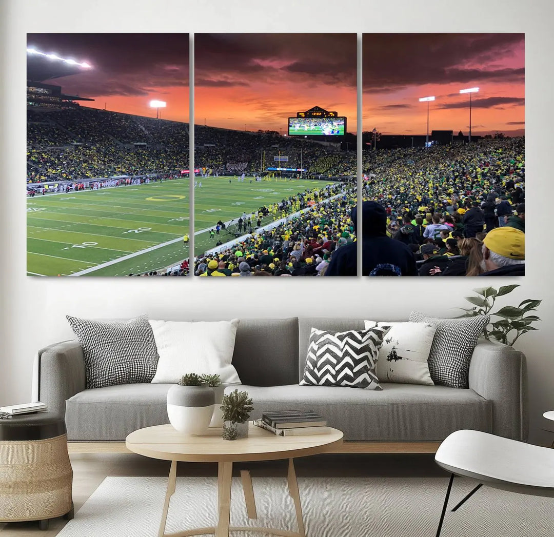 A premium canvas featuring the University of Oregon Ducks football team at Eugene's Autzen Stadium at sunset adorns the wall. Handmade in the USA, this elegant piece captures the vibrant energy of the scene.