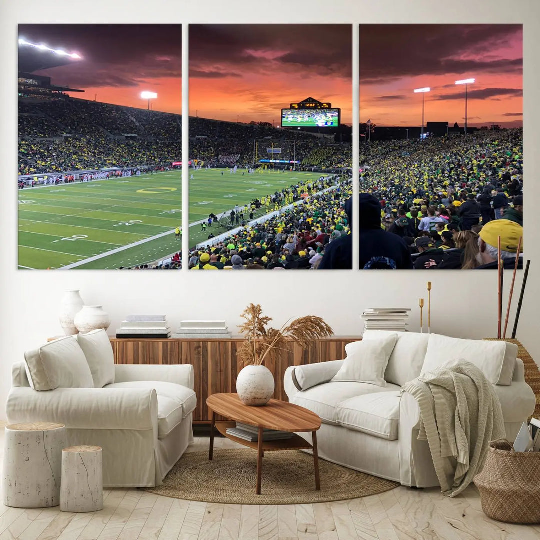 A premium canvas featuring the University of Oregon Ducks football team at Eugene's Autzen Stadium at sunset adorns the wall. Handmade in the USA, this elegant piece captures the vibrant energy of the scene.