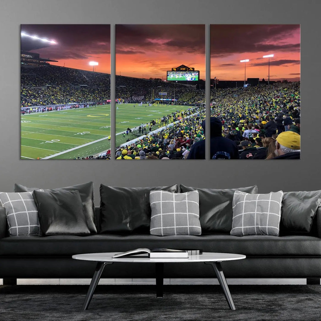 A premium canvas featuring the University of Oregon Ducks football team at Eugene's Autzen Stadium at sunset adorns the wall. Handmade in the USA, this elegant piece captures the vibrant energy of the scene.