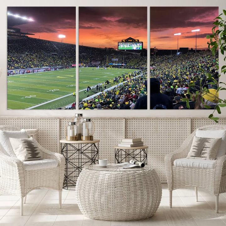 A premium canvas featuring the University of Oregon Ducks football team at Eugene's Autzen Stadium at sunset adorns the wall. Handmade in the USA, this elegant piece captures the vibrant energy of the scene.