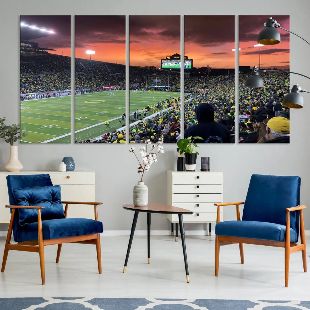 A premium canvas featuring the University of Oregon Ducks football team at Eugene's Autzen Stadium at sunset adorns the wall. Handmade in the USA, this elegant piece captures the vibrant energy of the scene.