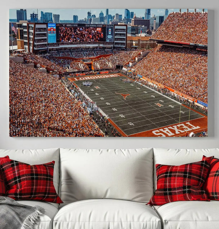 A University of Texas Longhorns Football Team Print, depicting the Austin Darrell K Royal-Texas Memorial Stadium, hangs above. The three-panel canvas artwork features a gallery-quality finish that adds an elegant touch.