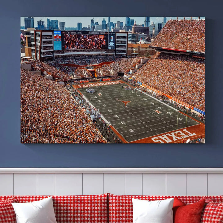 A University of Texas Longhorns Football Team Print, depicting the Austin Darrell K Royal-Texas Memorial Stadium, hangs above. The three-panel canvas artwork features a gallery-quality finish that adds an elegant touch.