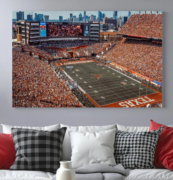 A University of Texas Longhorns Football Team Print, depicting the Austin Darrell K Royal-Texas Memorial Stadium, hangs above. The three-panel canvas artwork features a gallery-quality finish that adds an elegant touch.