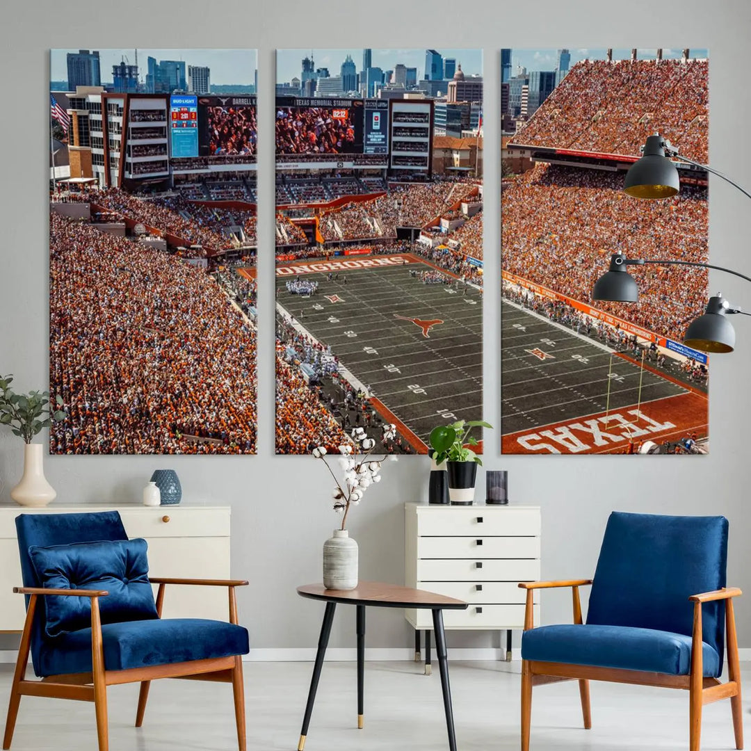 A University of Texas Longhorns Football Team Print, depicting the Austin Darrell K Royal-Texas Memorial Stadium, hangs above. The three-panel canvas artwork features a gallery-quality finish that adds an elegant touch.