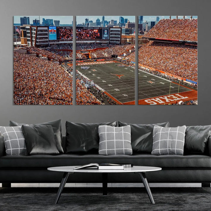 A University of Texas Longhorns Football Team Print, depicting the Austin Darrell K Royal-Texas Memorial Stadium, hangs above. The three-panel canvas artwork features a gallery-quality finish that adds an elegant touch.