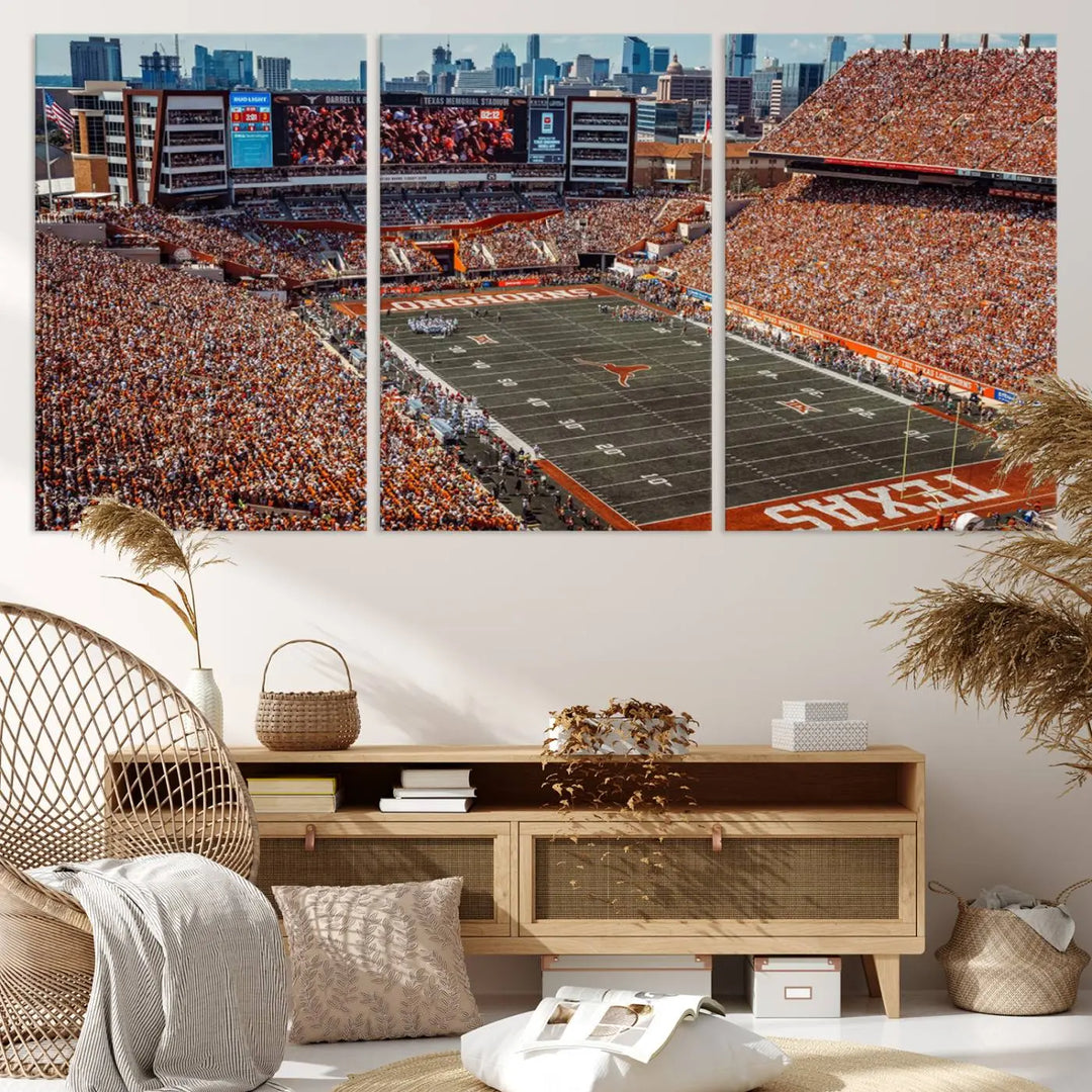 A University of Texas Longhorns Football Team Print, depicting the Austin Darrell K Royal-Texas Memorial Stadium, hangs above. The three-panel canvas artwork features a gallery-quality finish that adds an elegant touch.