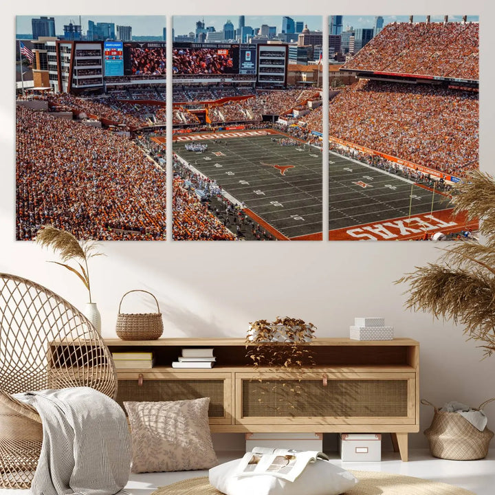 A University of Texas Longhorns Football Team Print, depicting the Austin Darrell K Royal-Texas Memorial Stadium, hangs above. The three-panel canvas artwork features a gallery-quality finish that adds an elegant touch.