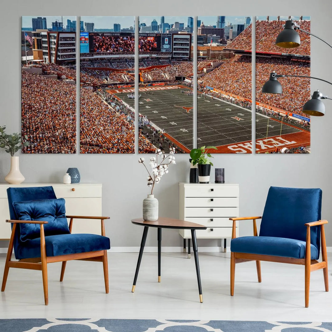 A University of Texas Longhorns Football Team Print, depicting the Austin Darrell K Royal-Texas Memorial Stadium, hangs above. The three-panel canvas artwork features a gallery-quality finish that adds an elegant touch.