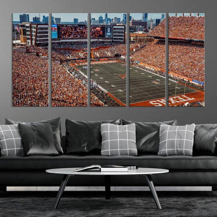 A University of Texas Longhorns Football Team Print, depicting the Austin Darrell K Royal-Texas Memorial Stadium, hangs above. The three-panel canvas artwork features a gallery-quality finish that adds an elegant touch.