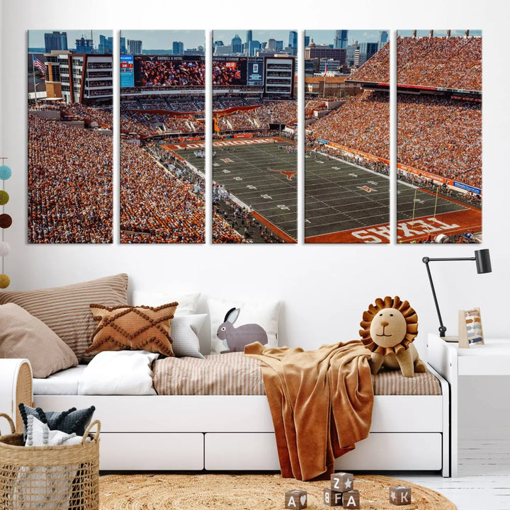 A University of Texas Longhorns Football Team Print, depicting the Austin Darrell K Royal-Texas Memorial Stadium, hangs above. The three-panel canvas artwork features a gallery-quality finish that adds an elegant touch.