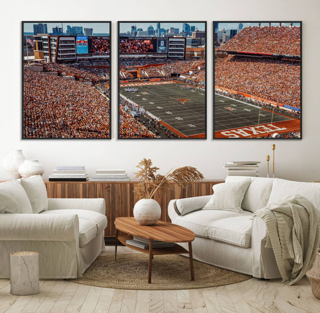 92103-MGV-FC-60X30-3P_Black-University of Texas Longhorns Football Team Print - Austin Darrell K Royal-Texas Memorial Stadium Wall Art Canvas Print