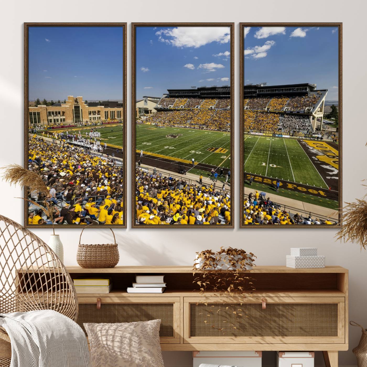 75112-MGV-FC-48X32-3P_Walnut-University of Wyoming Cowboys Football Team Print - Laramie Jonah Field War Memorial Stadium Wall Art Canvas Print