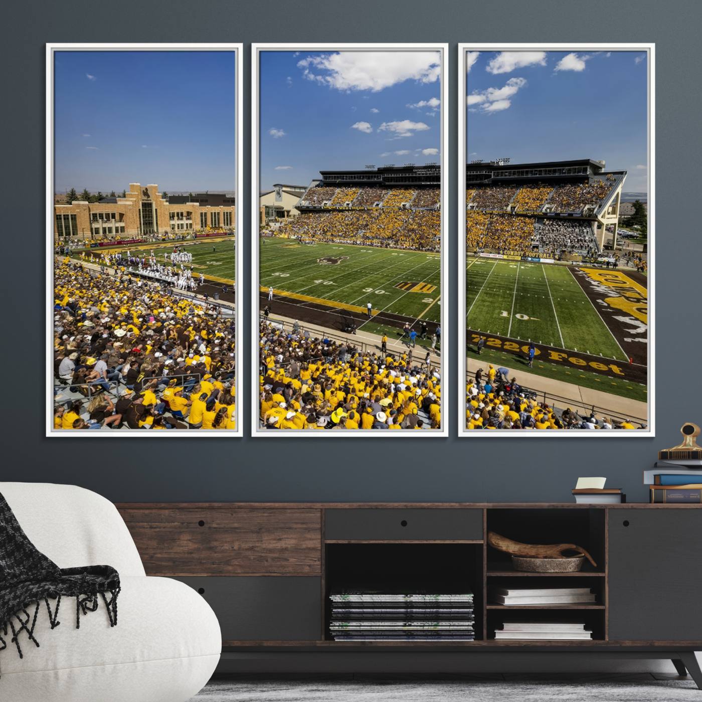 75112-MGV-FC-48X32-3P_White-University of Wyoming Cowboys Football Team Print - Laramie Jonah Field War Memorial Stadium Wall Art Canvas Print