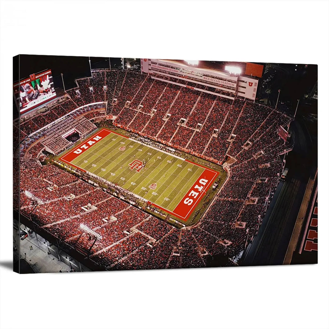 The modern living room is adorned with a Utah Utes Football Team Print - Salt Lake City Rice-Eccles Stadium Wall Art Canvas Print, depicting a packed football stadium.