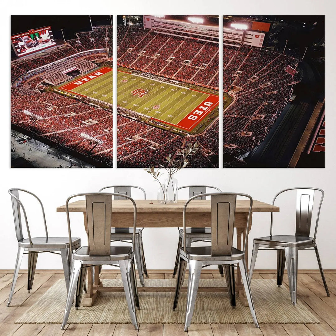 The modern living room is adorned with a Utah Utes Football Team Print - Salt Lake City Rice-Eccles Stadium Wall Art Canvas Print, depicting a packed football stadium.