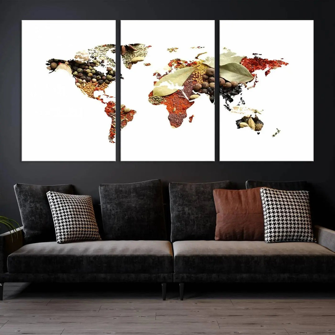 The "Vegetables World Map Canvas Wall Art Kitchen Artwork" is a captivating three-panel piece crafted on museum-quality canvas and coated with UV protection. It offers a distinctive flair to any space, with continents creatively depicted using spices, and comes ready to hang.