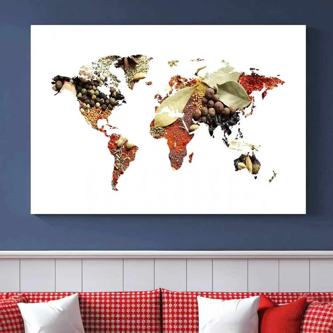 The "Vegetables World Map Canvas Wall Art Kitchen Artwork" is a captivating three-panel piece crafted on museum-quality canvas and coated with UV protection. It offers a distinctive flair to any space, with continents creatively depicted using spices, and comes ready to hang.