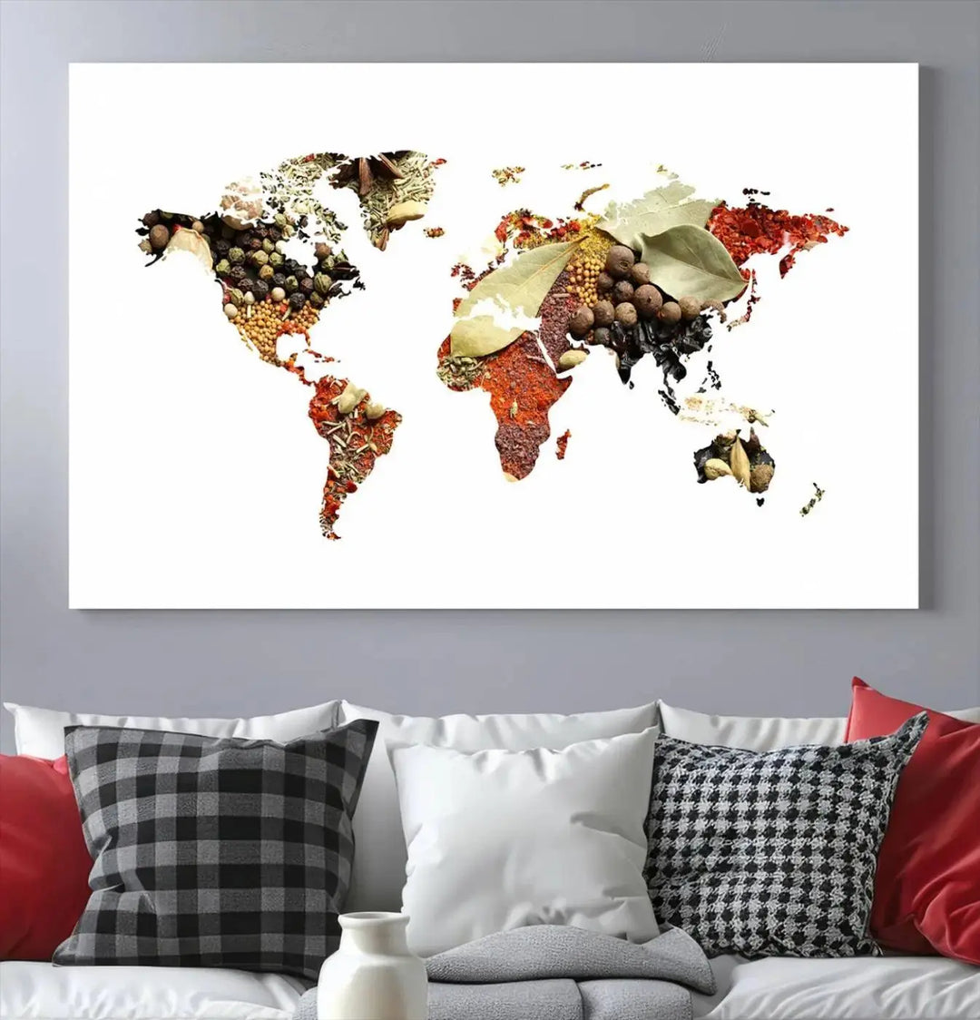 The "Vegetables World Map Canvas Wall Art Kitchen Artwork" is a captivating three-panel piece crafted on museum-quality canvas and coated with UV protection. It offers a distinctive flair to any space, with continents creatively depicted using spices, and comes ready to hang.