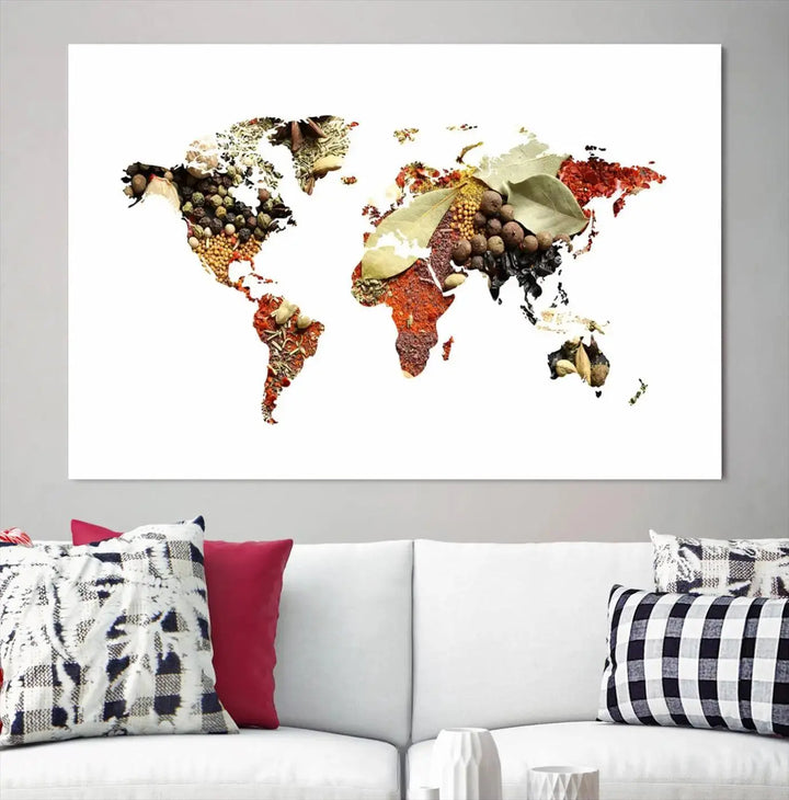 The "Vegetables World Map Canvas Wall Art Kitchen Artwork" is a captivating three-panel piece crafted on museum-quality canvas and coated with UV protection. It offers a distinctive flair to any space, with continents creatively depicted using spices, and comes ready to hang.