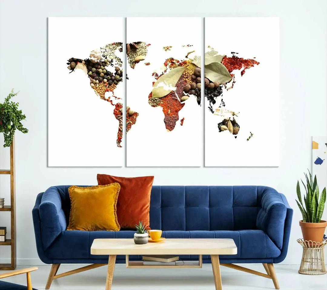 The "Vegetables World Map Canvas Wall Art Kitchen Artwork" is a captivating three-panel piece crafted on museum-quality canvas and coated with UV protection. It offers a distinctive flair to any space, with continents creatively depicted using spices, and comes ready to hang.