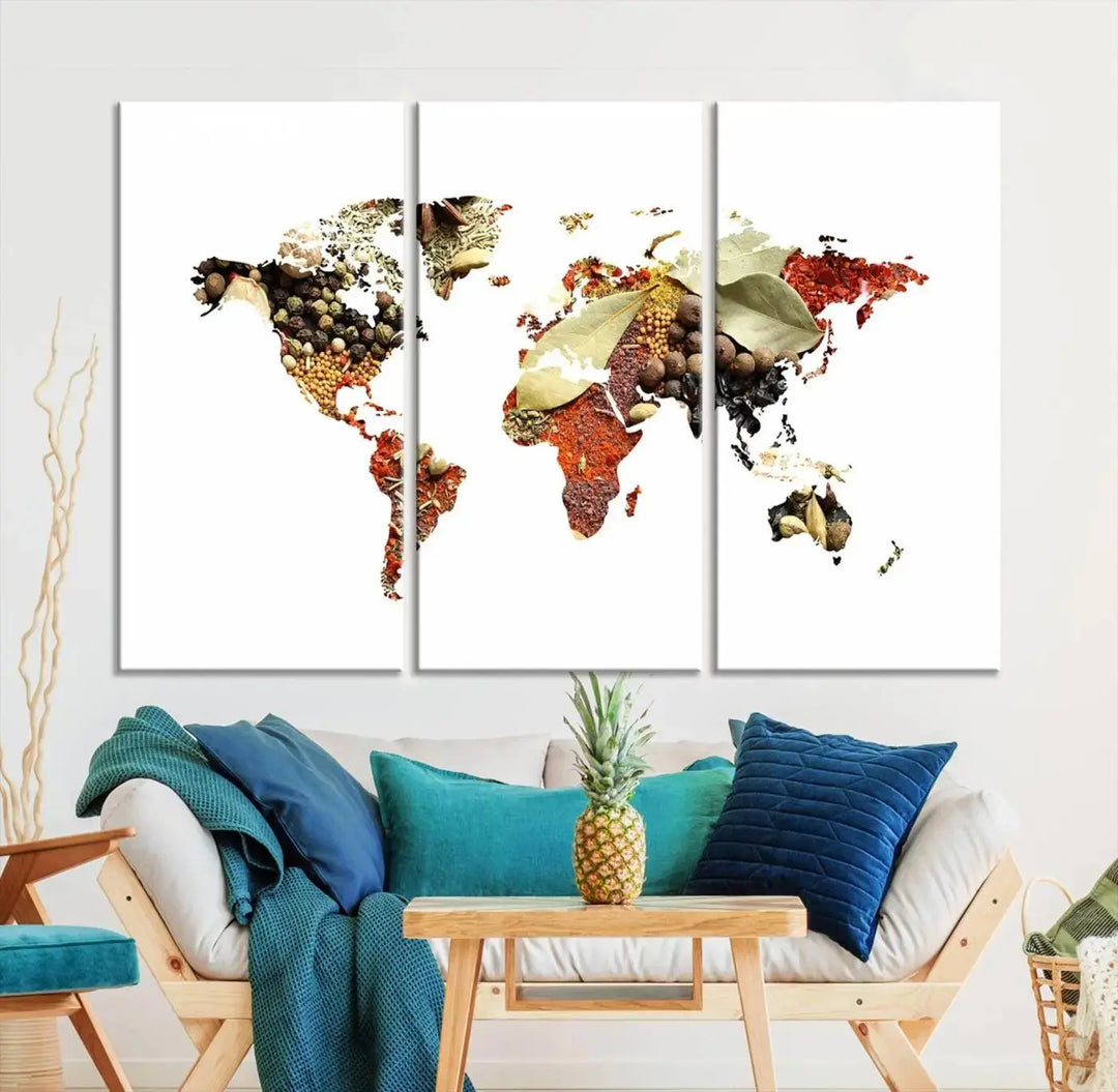 The "Vegetables World Map Canvas Wall Art Kitchen Artwork" is a captivating three-panel piece crafted on museum-quality canvas and coated with UV protection. It offers a distinctive flair to any space, with continents creatively depicted using spices, and comes ready to hang.