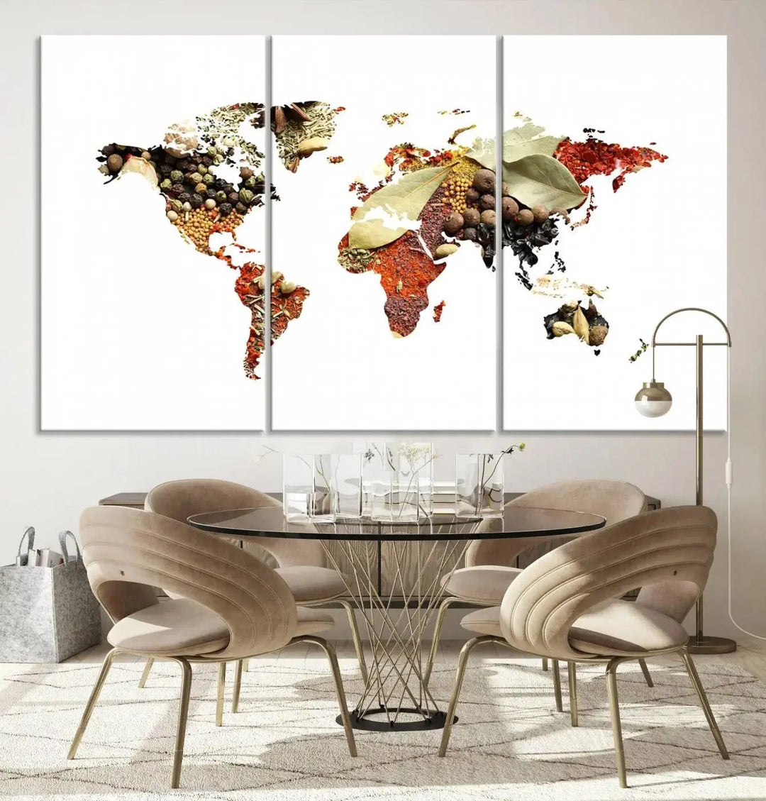 The "Vegetables World Map Canvas Wall Art Kitchen Artwork" is a captivating three-panel piece crafted on museum-quality canvas and coated with UV protection. It offers a distinctive flair to any space, with continents creatively depicted using spices, and comes ready to hang.