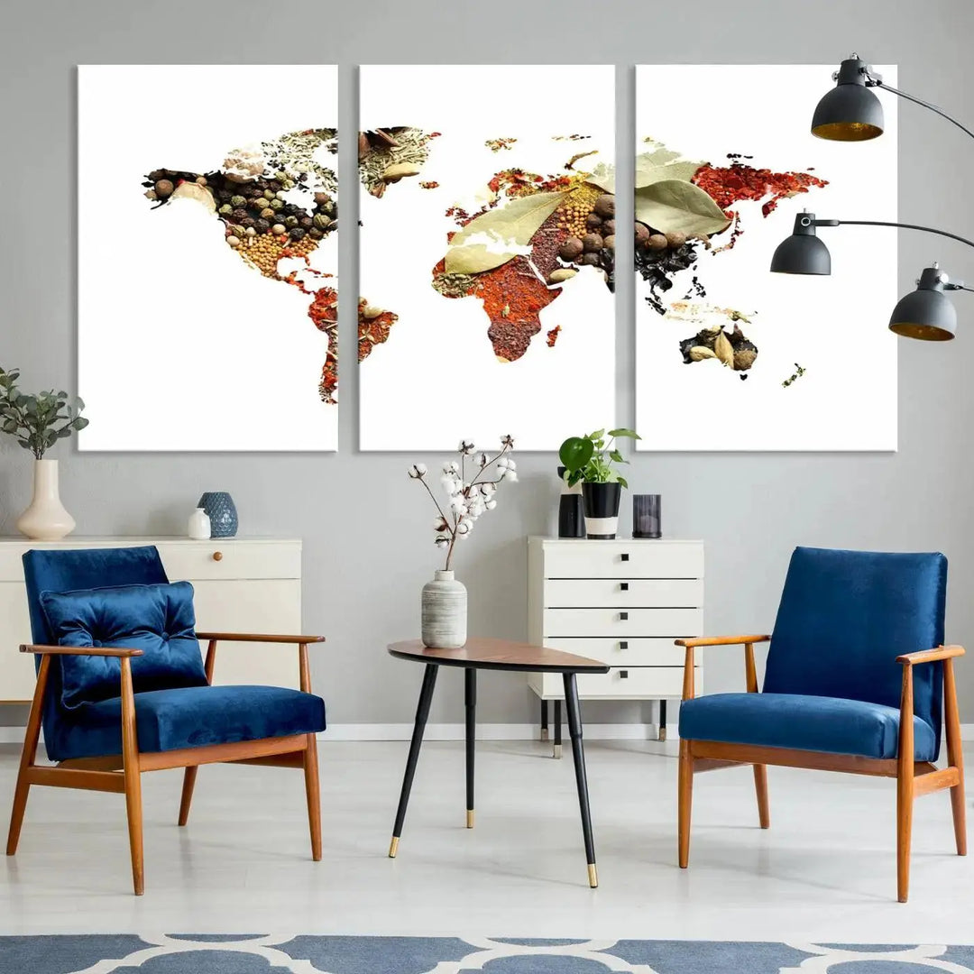 The "Vegetables World Map Canvas Wall Art Kitchen Artwork" is a captivating three-panel piece crafted on museum-quality canvas and coated with UV protection. It offers a distinctive flair to any space, with continents creatively depicted using spices, and comes ready to hang.