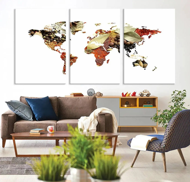 The "Vegetables World Map Canvas Wall Art Kitchen Artwork" is a captivating three-panel piece crafted on museum-quality canvas and coated with UV protection. It offers a distinctive flair to any space, with continents creatively depicted using spices, and comes ready to hang.