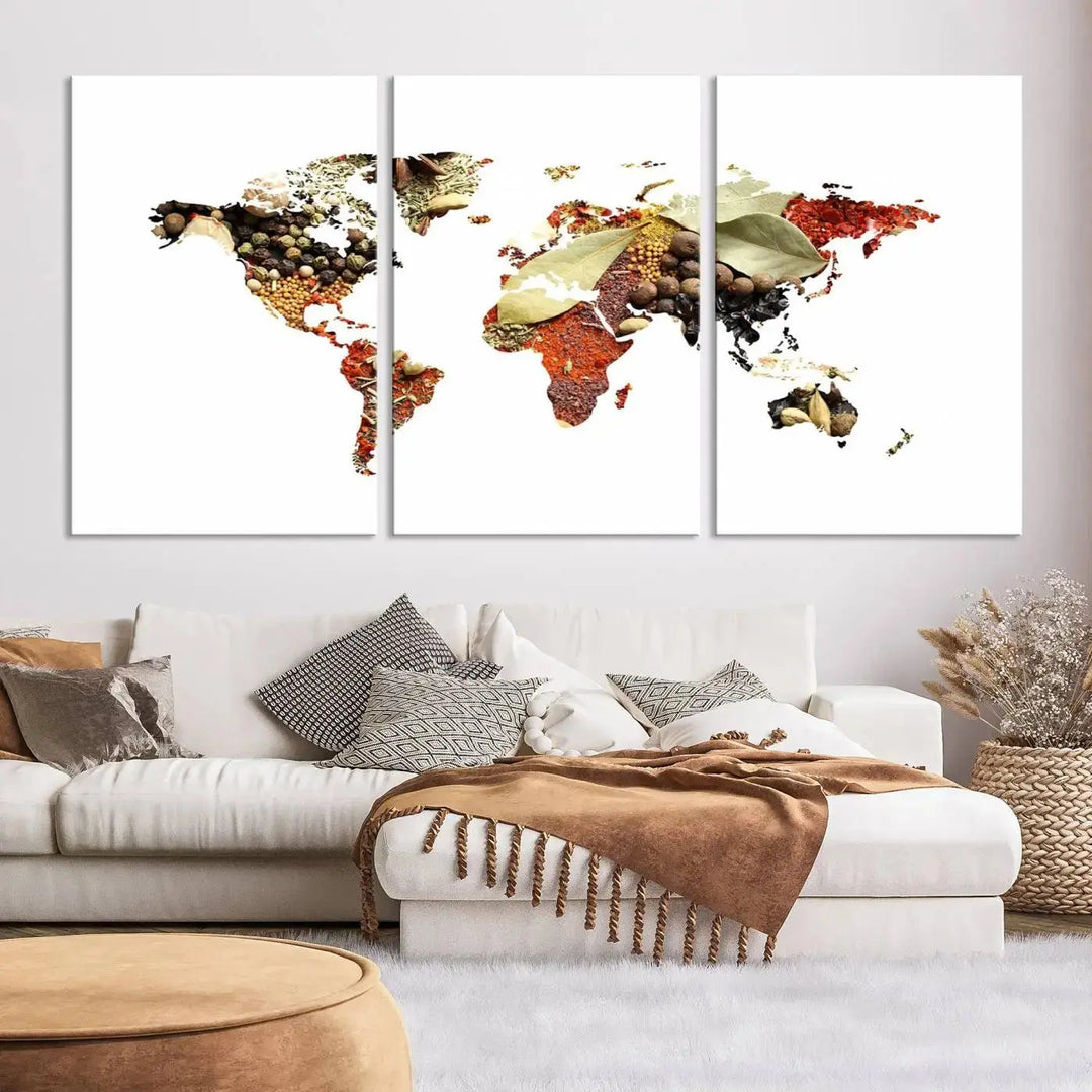 The "Vegetables World Map Canvas Wall Art Kitchen Artwork" is a captivating three-panel piece crafted on museum-quality canvas and coated with UV protection. It offers a distinctive flair to any space, with continents creatively depicted using spices, and comes ready to hang.