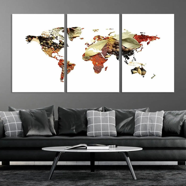 The "Vegetables World Map Canvas Wall Art Kitchen Artwork" is a captivating three-panel piece crafted on museum-quality canvas and coated with UV protection. It offers a distinctive flair to any space, with continents creatively depicted using spices, and comes ready to hang.