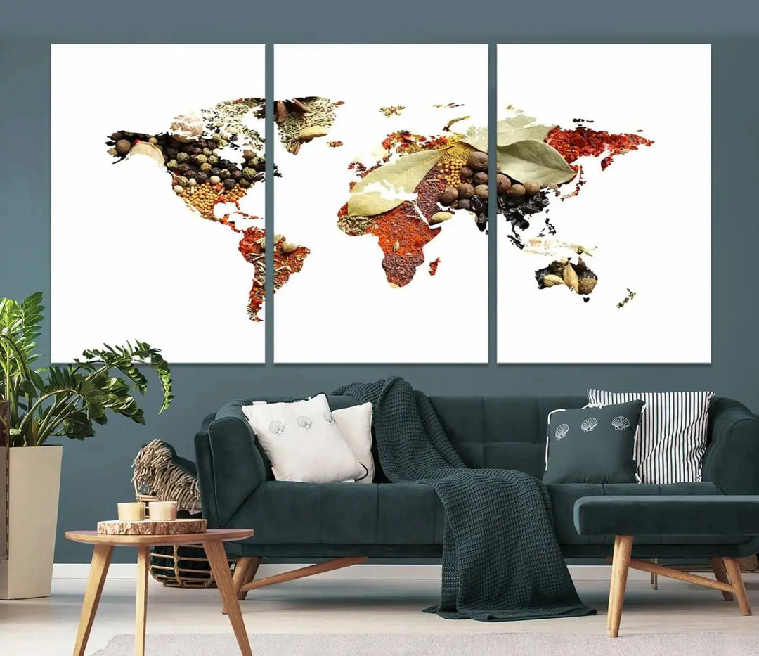 The "Vegetables World Map Canvas Wall Art Kitchen Artwork" is a captivating three-panel piece crafted on museum-quality canvas and coated with UV protection. It offers a distinctive flair to any space, with continents creatively depicted using spices, and comes ready to hang.