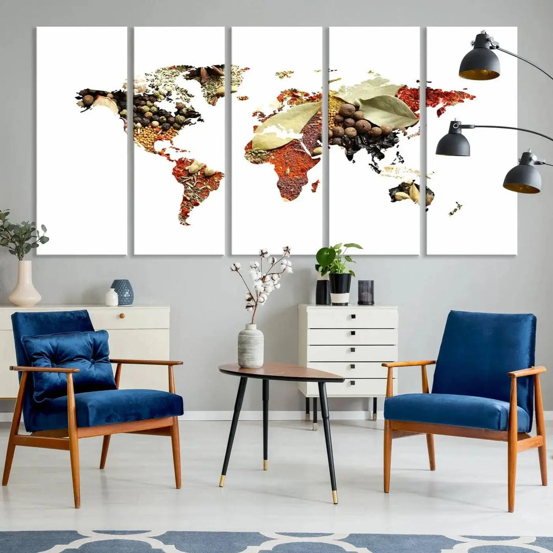 The "Vegetables World Map Canvas Wall Art Kitchen Artwork" is a captivating three-panel piece crafted on museum-quality canvas and coated with UV protection. It offers a distinctive flair to any space, with continents creatively depicted using spices, and comes ready to hang.