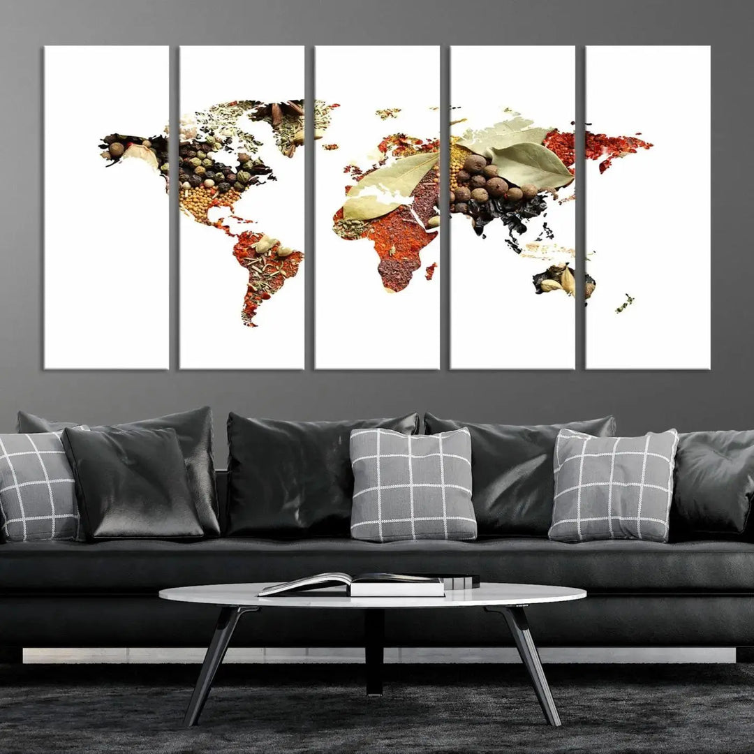 The "Vegetables World Map Canvas Wall Art Kitchen Artwork" is a captivating three-panel piece crafted on museum-quality canvas and coated with UV protection. It offers a distinctive flair to any space, with continents creatively depicted using spices, and comes ready to hang.