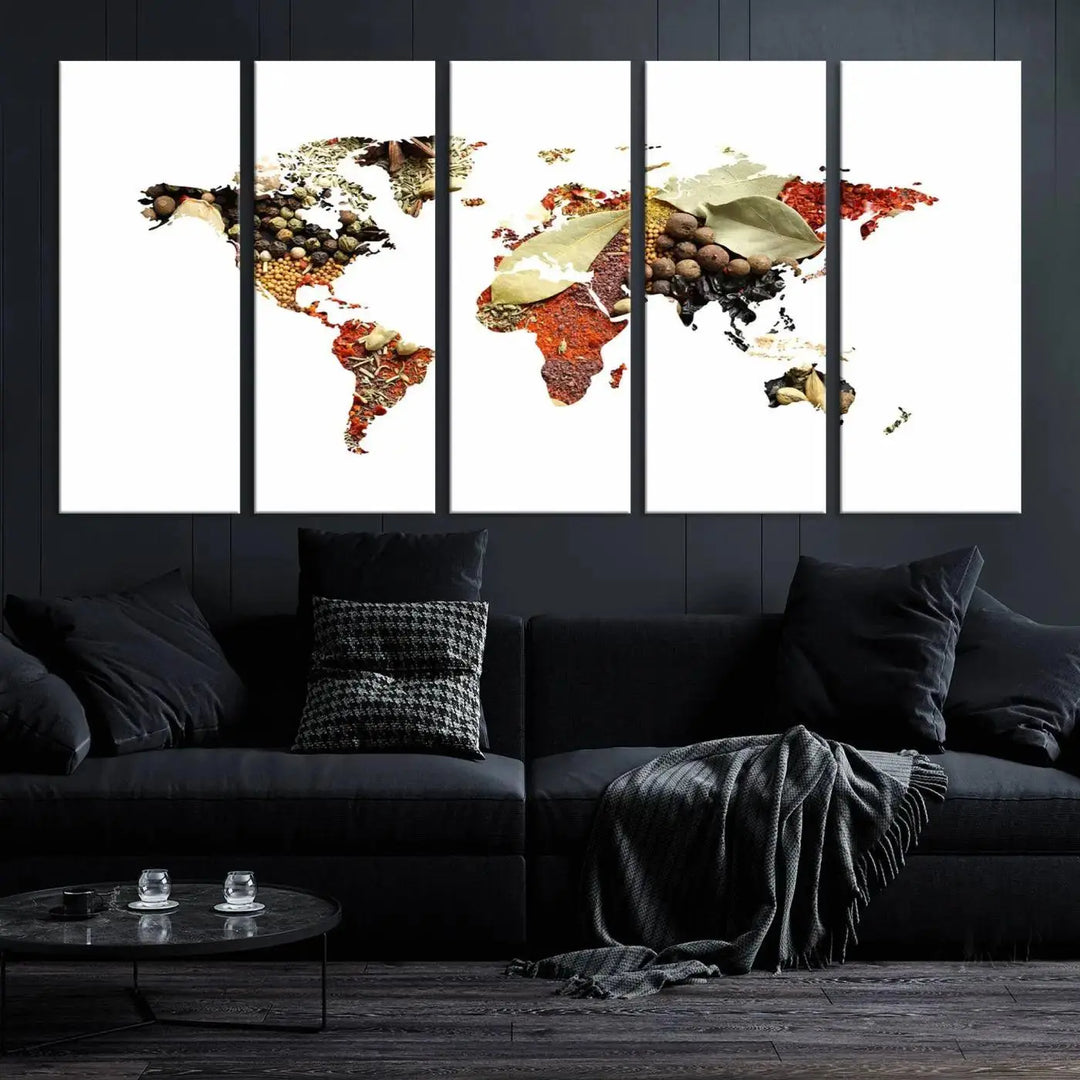 The "Vegetables World Map Canvas Wall Art Kitchen Artwork" is a captivating three-panel piece crafted on museum-quality canvas and coated with UV protection. It offers a distinctive flair to any space, with continents creatively depicted using spices, and comes ready to hang.