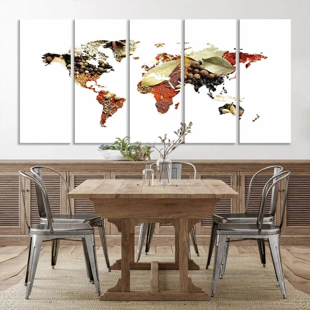 The "Vegetables World Map Canvas Wall Art Kitchen Artwork" is a captivating three-panel piece crafted on museum-quality canvas and coated with UV protection. It offers a distinctive flair to any space, with continents creatively depicted using spices, and comes ready to hang.