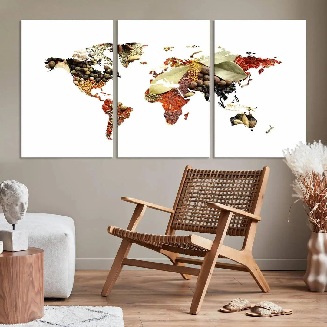 The "Vegetables World Map Canvas Wall Art Kitchen Artwork" is a captivating three-panel piece crafted on museum-quality canvas and coated with UV protection. It offers a distinctive flair to any space, with continents creatively depicted using spices, and comes ready to hang.