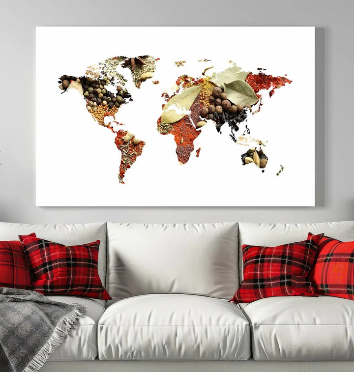 The "Vegetables World Map Canvas Wall Art Kitchen Artwork" is a captivating three-panel piece crafted on museum-quality canvas and coated with UV protection. It offers a distinctive flair to any space, with continents creatively depicted using spices, and comes ready to hang.