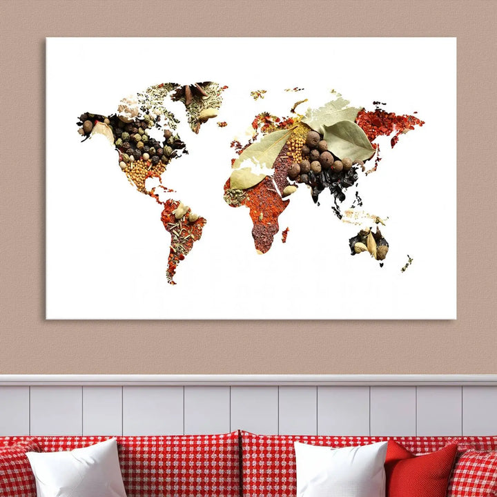 The "Vegetables World Map Canvas Wall Art Kitchen Artwork" is a captivating three-panel piece crafted on museum-quality canvas and coated with UV protection. It offers a distinctive flair to any space, with continents creatively depicted using spices, and comes ready to hang.