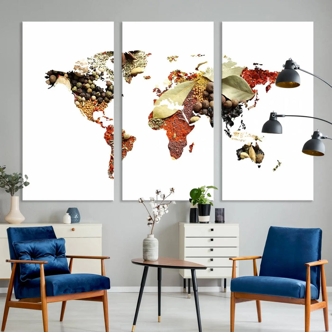 The "Vegetables World Map Canvas Wall Art Kitchen Artwork" is a captivating three-panel piece crafted on museum-quality canvas and coated with UV protection. It offers a distinctive flair to any space, with continents creatively depicted using spices, and comes ready to hang.