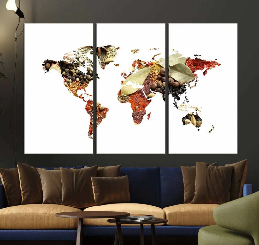 The "Vegetables World Map Canvas Wall Art Kitchen Artwork" is a captivating three-panel piece crafted on museum-quality canvas and coated with UV protection. It offers a distinctive flair to any space, with continents creatively depicted using spices, and comes ready to hang.